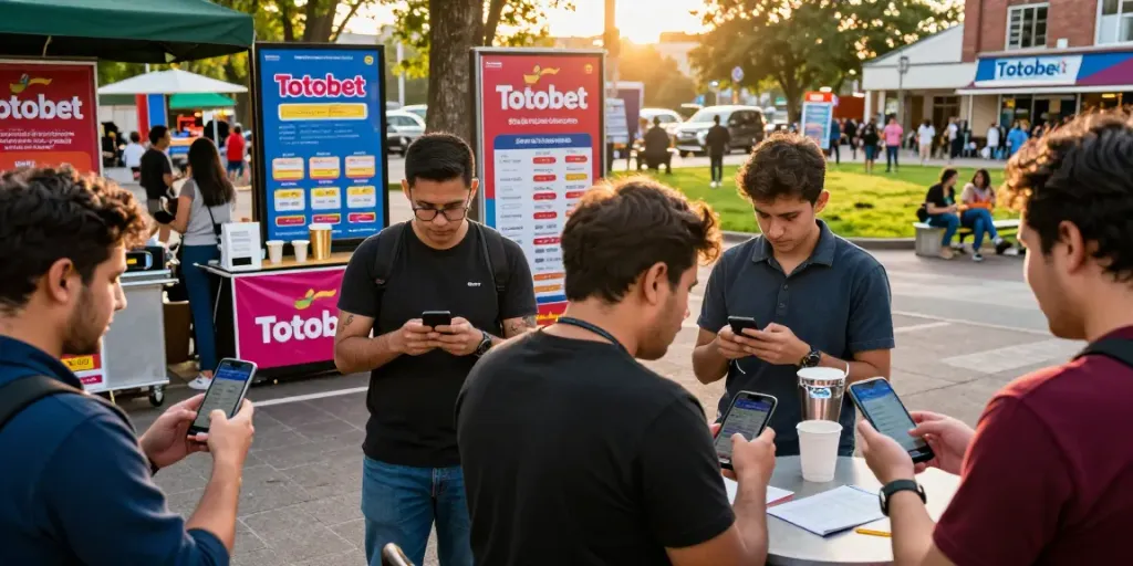 Excited individuals discussing Totobet betting in a vibrant urban park.