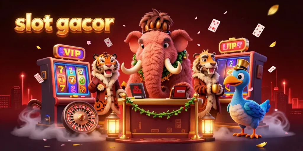 Exciting slot gacor scene with cartoon characters celebrating winning in a vibrant casino environment.