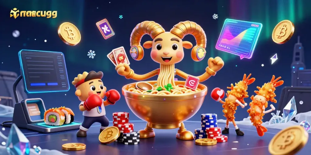 Engage with macaugg's vibrant casino action featuring a giant ramen bowl and crypto elements