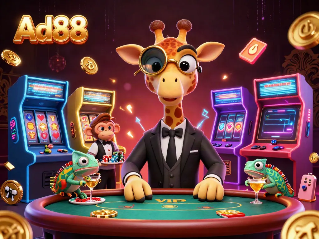 Ad88 high-roller giraffe at VIP table surrounded by vibrant casino games and action