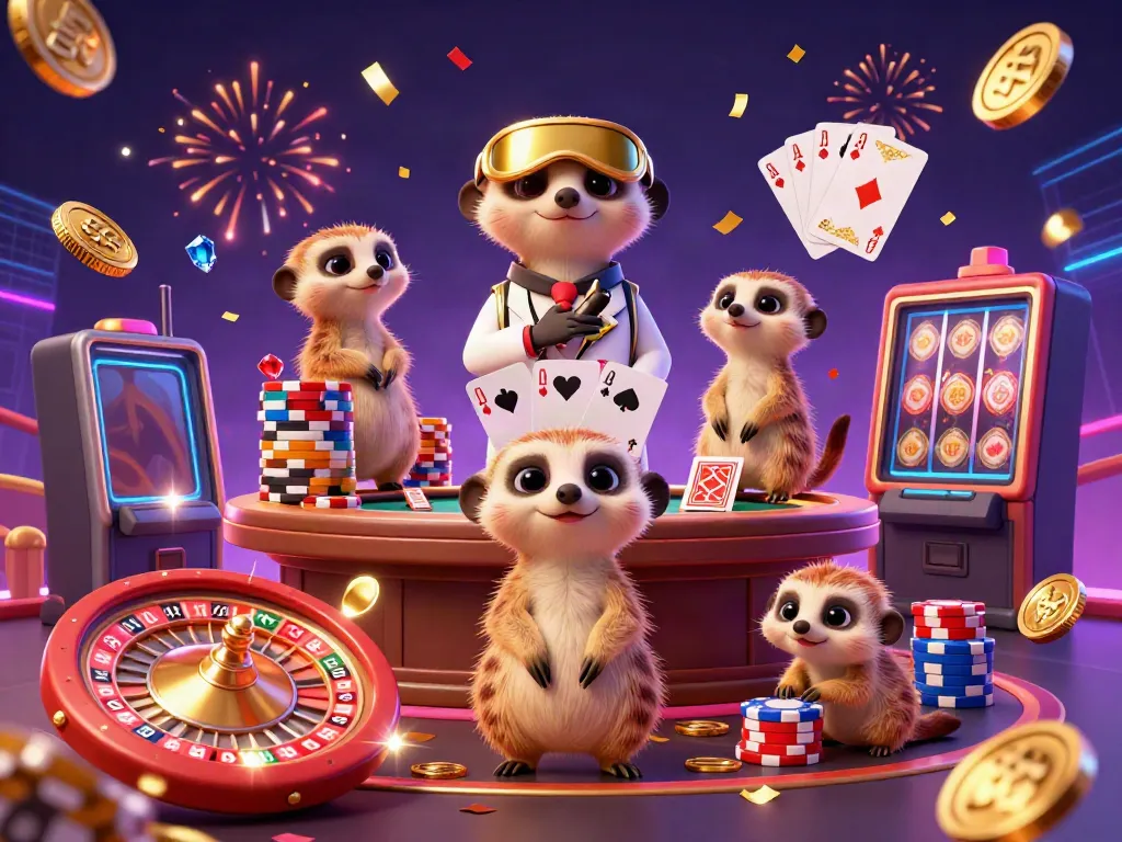 Suwin casino scene with meerkats as dealers and a pit boss, bursting with golden coins and vibrant energy.