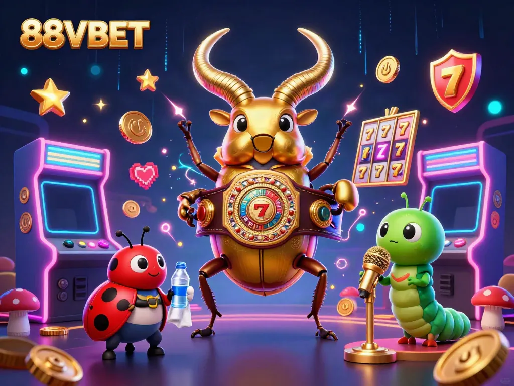 88VBET showcases an energetic gambling scene with a giant stag beetle and dynamic game elements.
