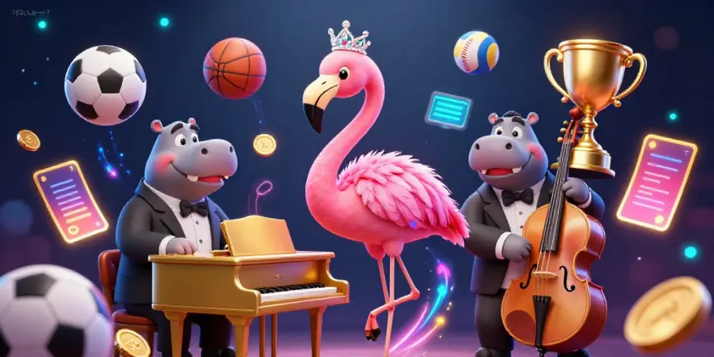Engage with 789club-m7 vibrant casino scene featuring a flamingo singer and hippo bassist with dynamic sports elements.