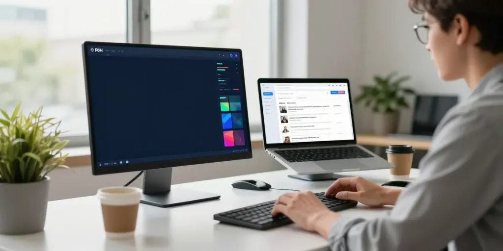 Best PBN web hosting workspace showcasing an SEO analyst analyzing data metrics in a modern office.