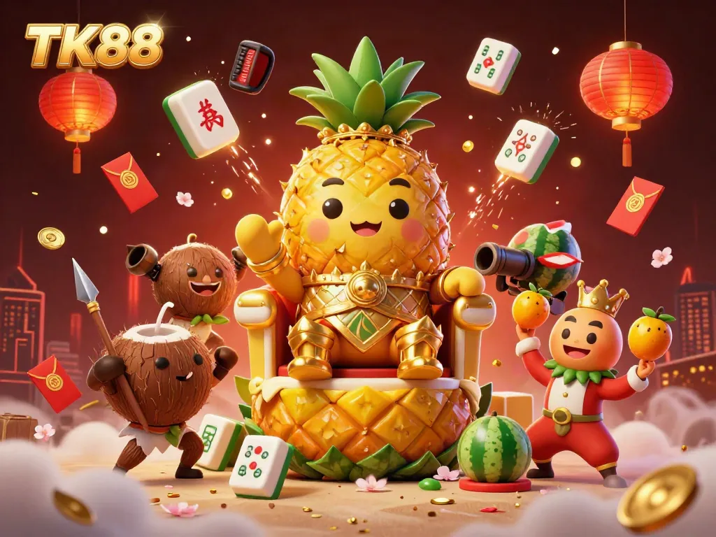 Engage in thrilling gameplay on TK88's vibrant beach casino with the golden pineapple king and lively characters.