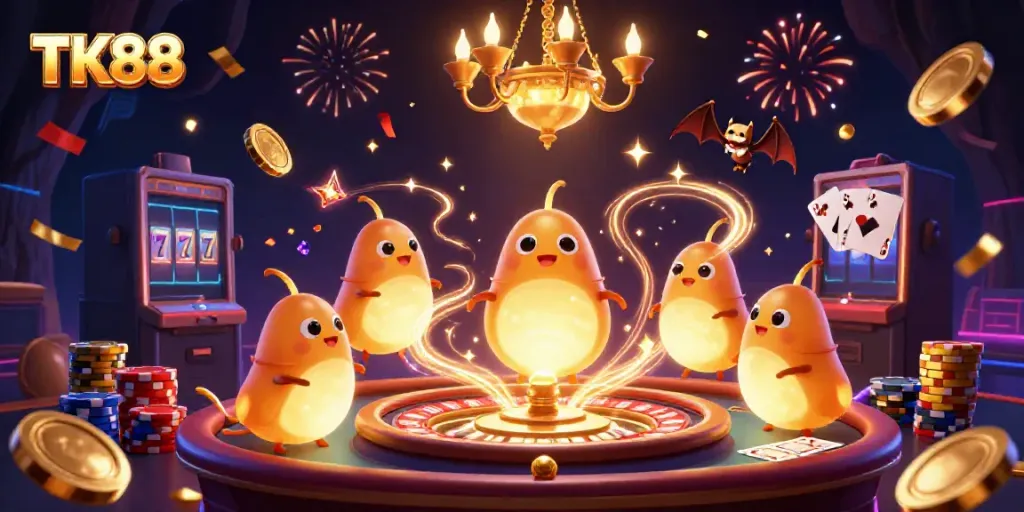 Experience TK88's vibrant casino scene with glowworms illuminating games and golden coins.