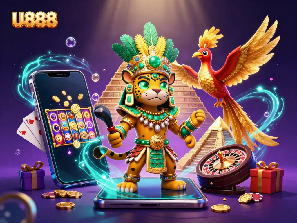 Experience thrilling slots at U888 with a vibrant 3D illustration showcasing Mayan themes and casino elements.