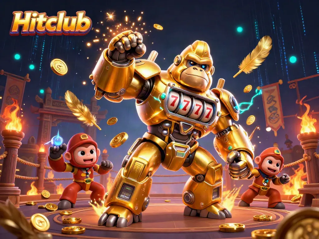 Hitclub’s thrilling dynamic scene with a golden gorilla mech and vibrant casino elements exploding with energy.