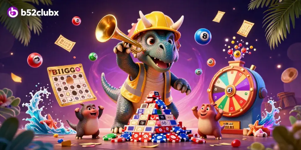 Engage with b52clubx as a triceratops celebrates while building poker chip towers.