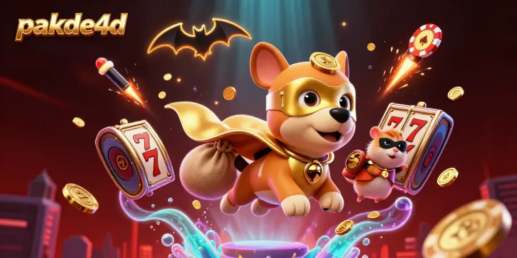 Bermain di pakde4d dengan superdog dan hamster sambil terbang dikelilingi elemen kasino yang berkilauan.