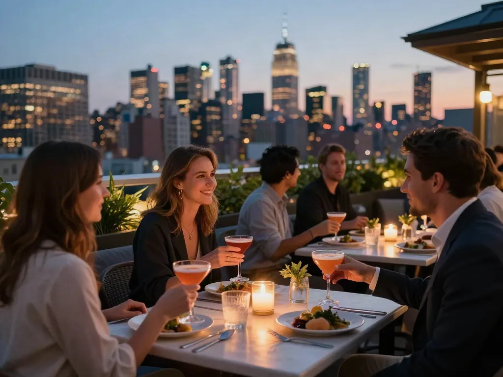 Rooftop patrons enjoying nohu dining experience with NYC skyline