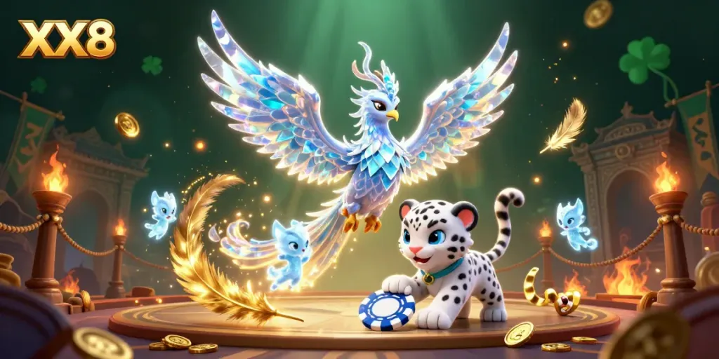 Experience the thrill with XX8 as the icy phoenix and snow leopard cub engage in a dynamic casino scene.
