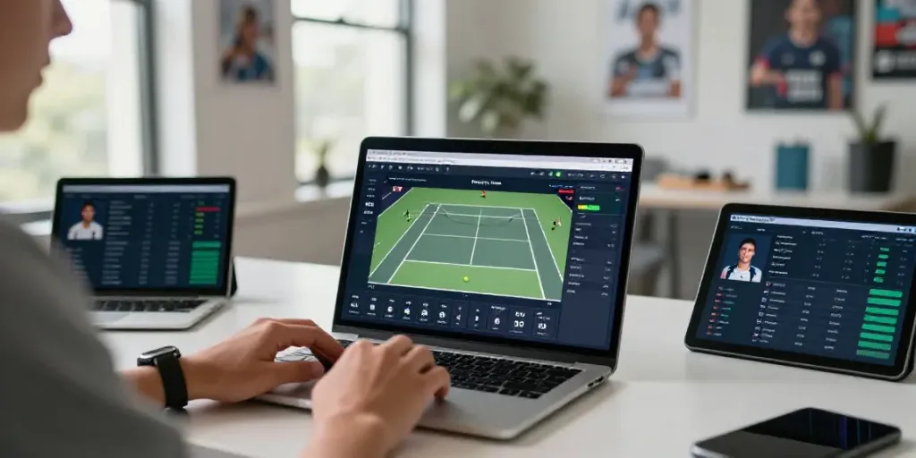 Tennis prediction algorithm analysis in a modern workspace with live match stats.