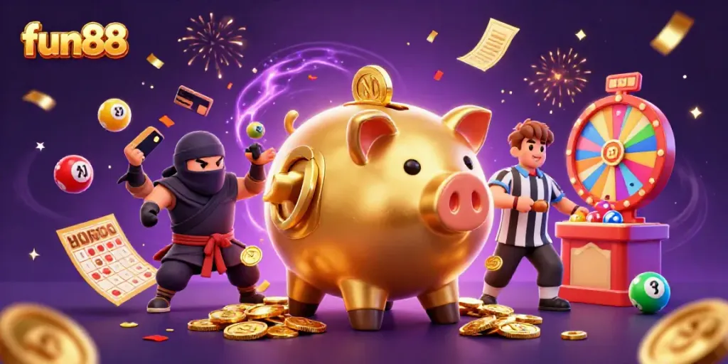 Watch the fun88 piggy bank sumo wrestler shake down coins in a lively casino scene.