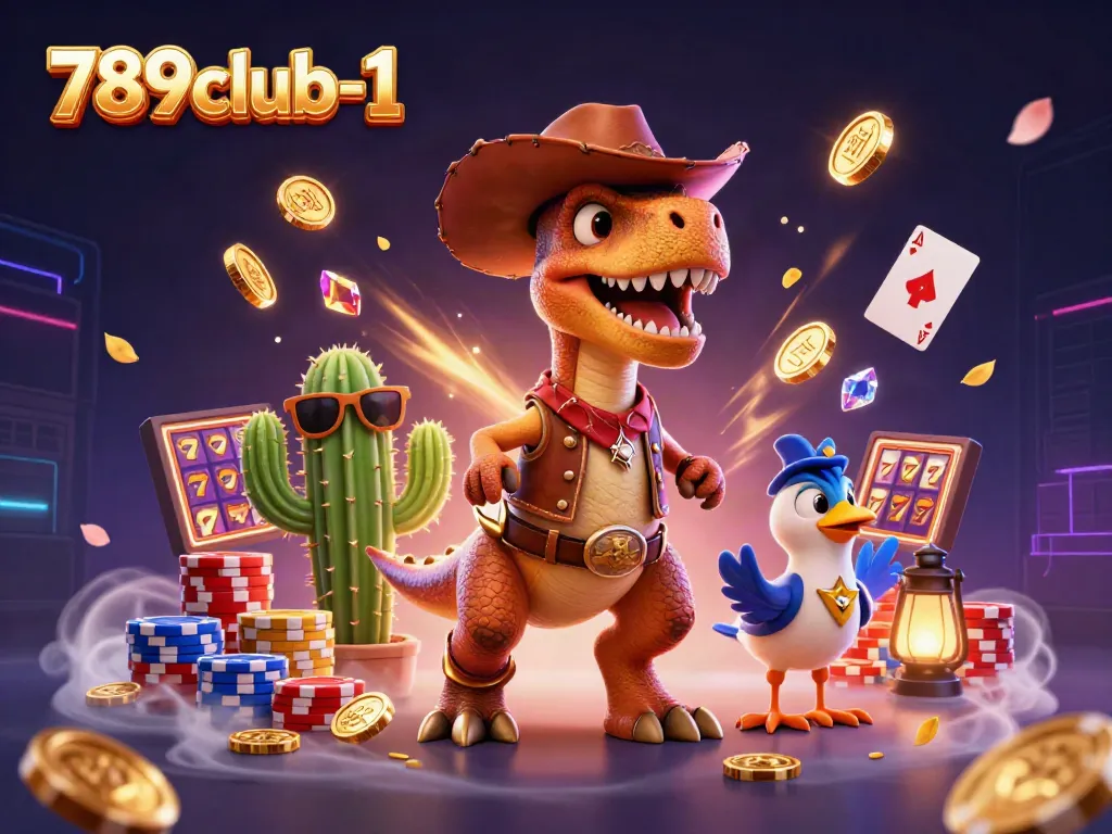 Spin to win at 789club-1 with thrilling slot reels, cowboy dinosaur, and colorful poker chips.