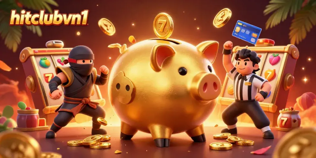 Experience the excitement of gaming with hitclubvn1 as the golden piggy bank sumo wrestler dominates the casino arena.