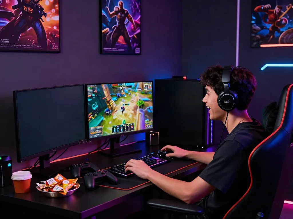 Gamer enjoying a Mod apk on a high-performance PC with dynamic lighting.