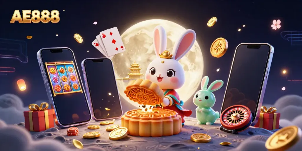 Engage with AE888's exciting gaming elements in a dynamic moonlit casino scene.