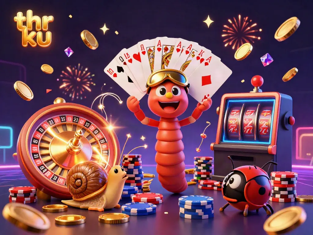 Experience the thrill of thr ku with a lively casino scene featuring animated characters and poker elements.