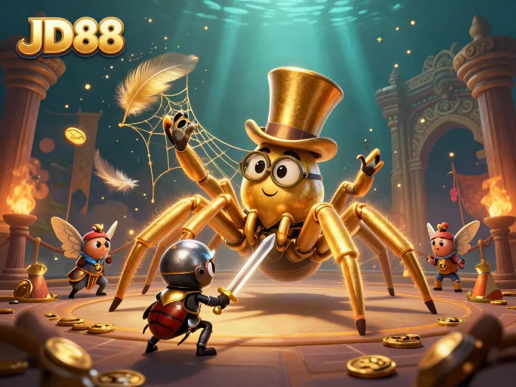 Experience thrilling gameplay at JD88 with a golden tarantula weaving its web between casino pillars.