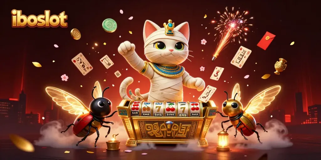 Engage in winning gaming at iboslot with a vibrant 3D scene of a cat bursting from a sarcophagus amidst slot reels.