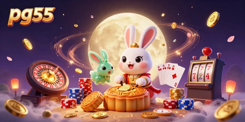 Celebrate exciting casino gameplay with pg55 as the moon rabbit reveals hidden poker chips.