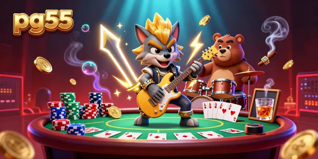 Experience the excitement of pg55 casino featuring a wolf rock star and drummer bear on stage.