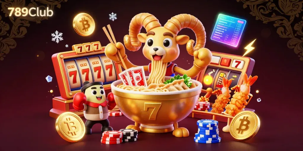 Engage in thrilling gameplay at 789Club with a vibrant casino scene featuring a golden ramen bowl dealer, lucky slot symbols, and glowing cryptocurrency coins.